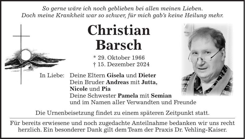 Traueranzeige Christian Barsch
