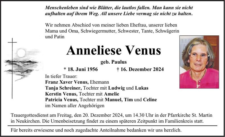 Traueranzeige Anneliese Venus