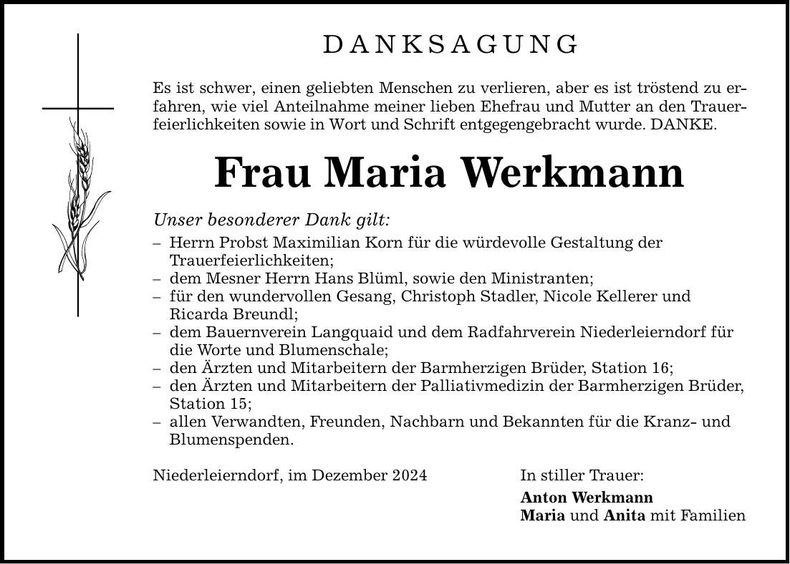 Traueranzeige Maria Werkmann