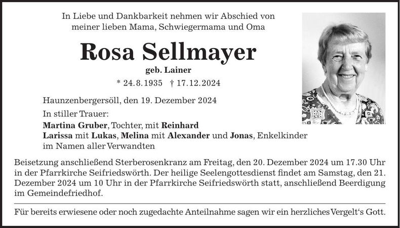 Traueranzeige Rosa Sellmayer