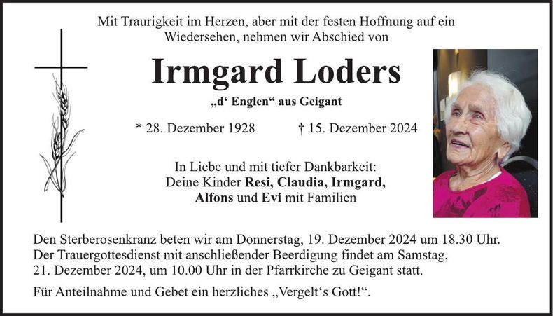 Traueranzeige Irmgard Loders