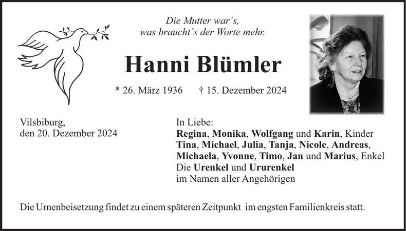 Traueranzeige Hanni Blümler