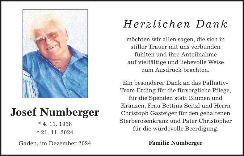 Traueranzeige Josef Numberger