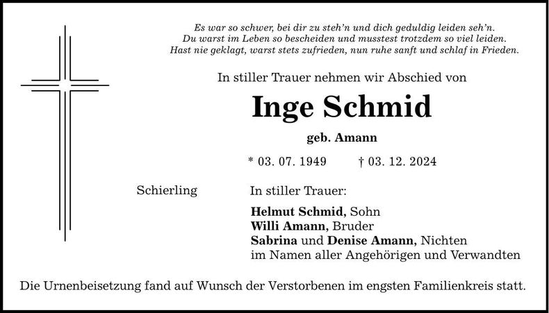 Traueranzeige Inge Schmid