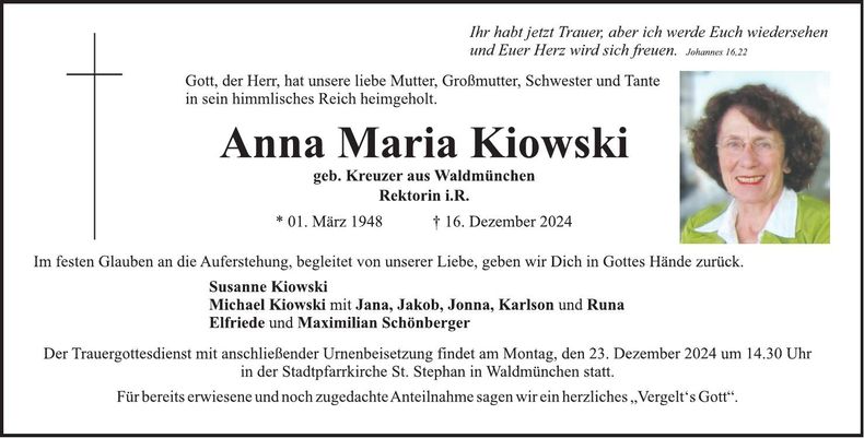 Traueranzeige Anna Maria Kiowski