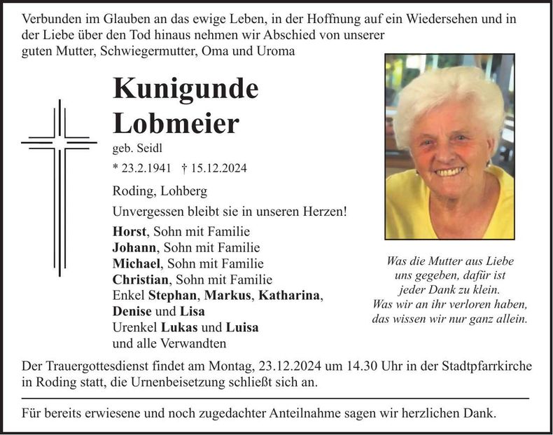 Traueranzeige Kunigunde Lobmeier