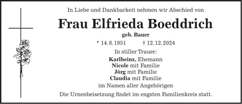 Traueranzeige Elfrieda Boeddrich