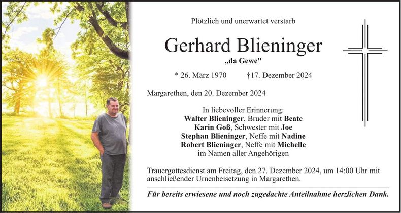 Traueranzeige Gerhard Blieninger