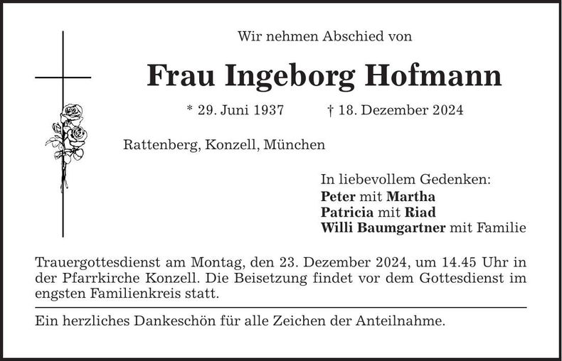 Traueranzeige Ingeborg Hofmann
