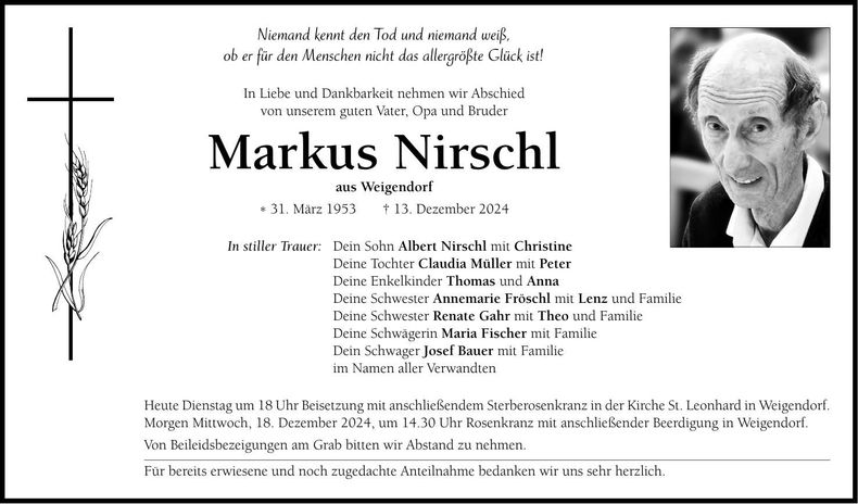 Traueranzeige Markus Nirschl