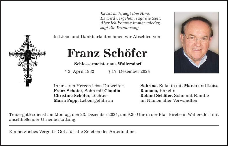 Traueranzeige Franz Schöfer