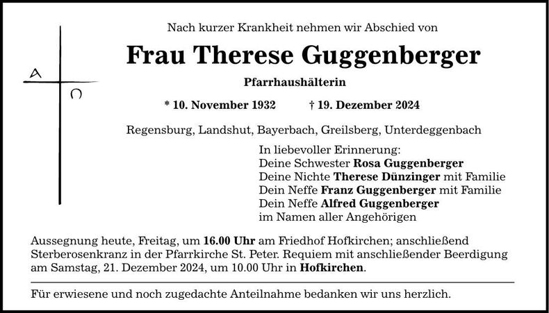 Traueranzeige Therese Guggenberger