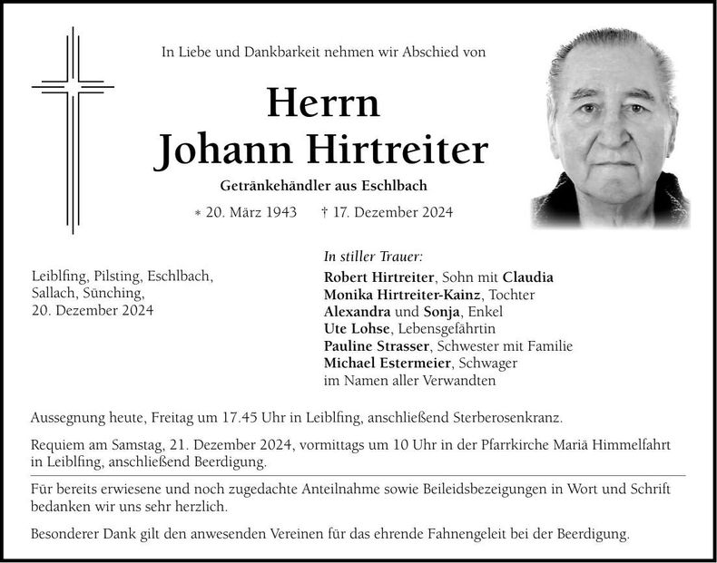 Traueranzeige Johann Hirtreiter