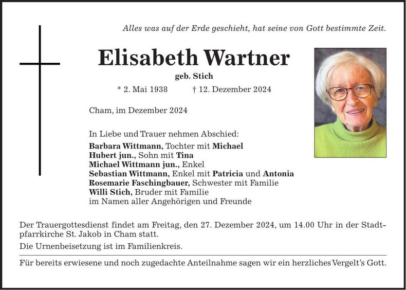Traueranzeige Elisabeth Wartner