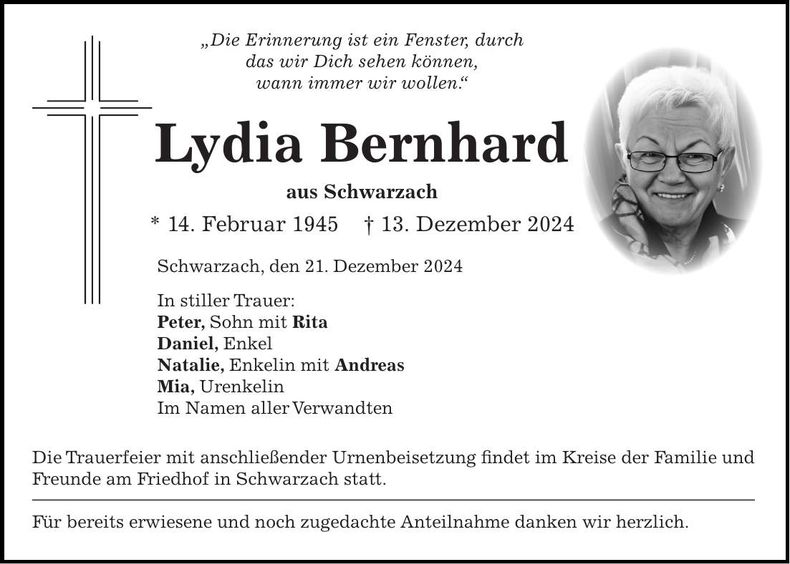 Traueranzeige Lydia Bernhard