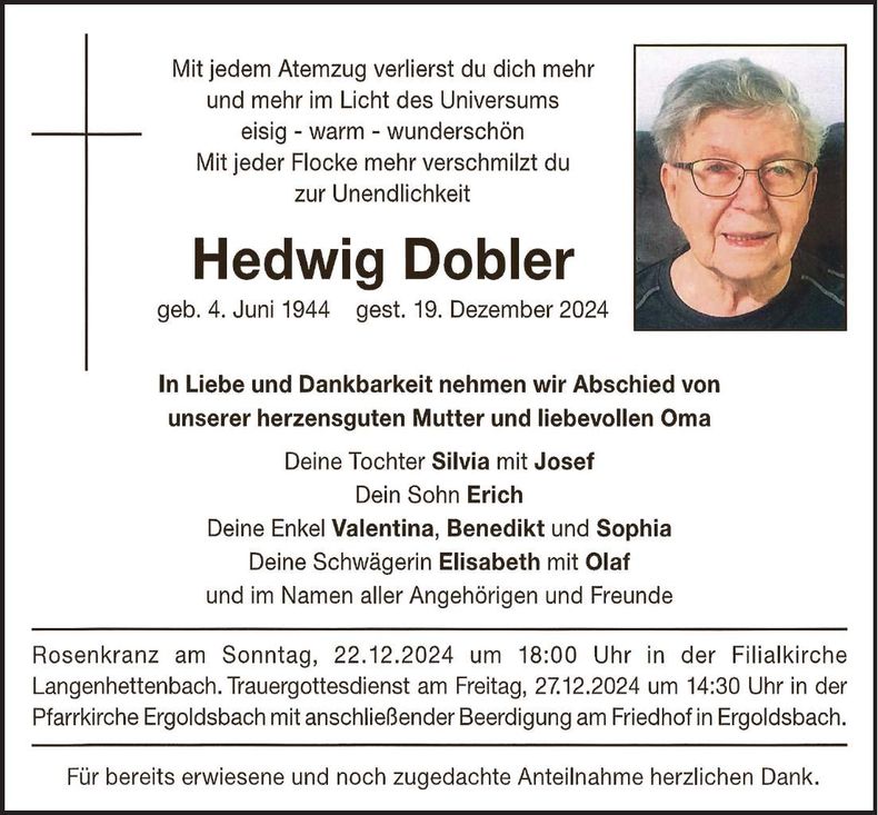 Traueranzeige Hedwig Dobler