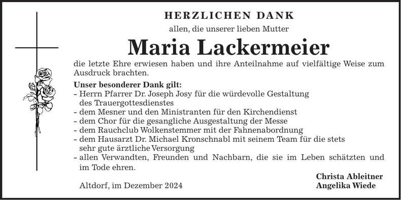 Traueranzeige Maria Lackermeier