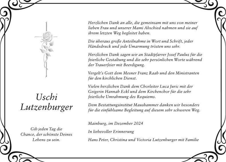 Traueranzeige Lutzenburger Uschi