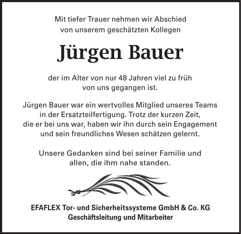 Traueranzeige Jürgen Bauer