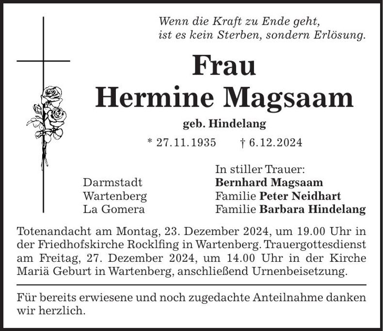 Traueranzeige Hermine Magsaam