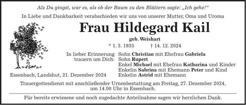 Traueranzeige Hildegard Kail