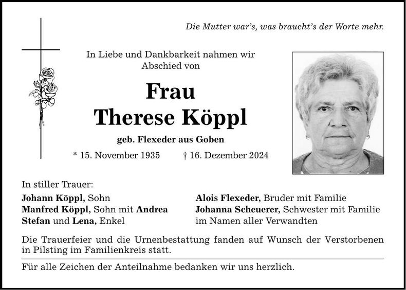 Traueranzeige Therese Köppl