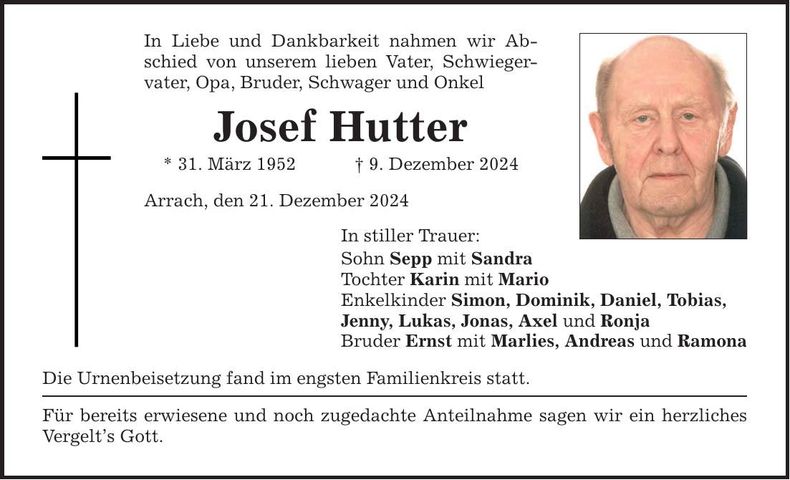 Traueranzeige Josef Hutter
