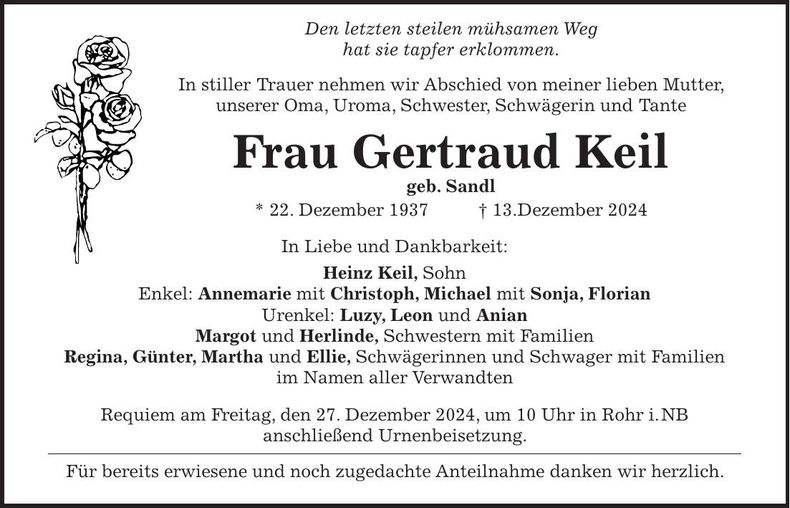 Traueranzeige Gertraud Keil