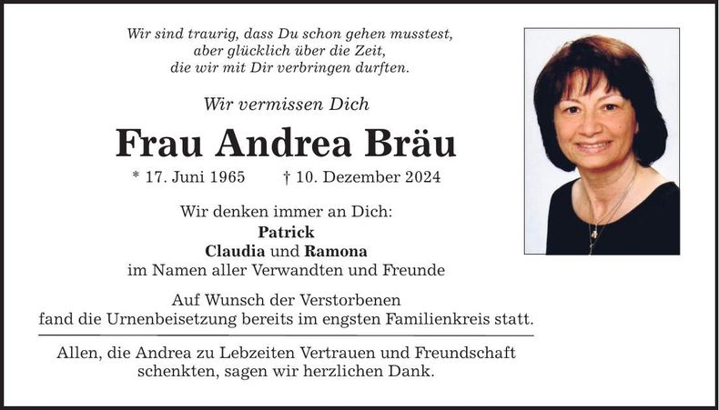 Traueranzeige Andrea Bräu