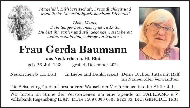 Traueranzeige Gerda Baumann