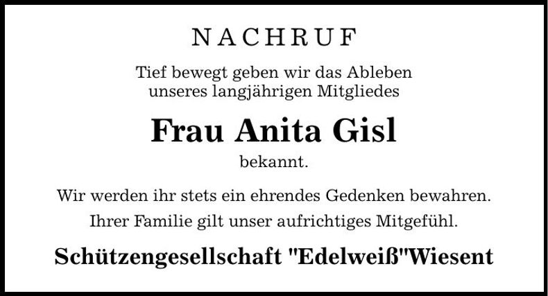 Traueranzeige Anita Gisl