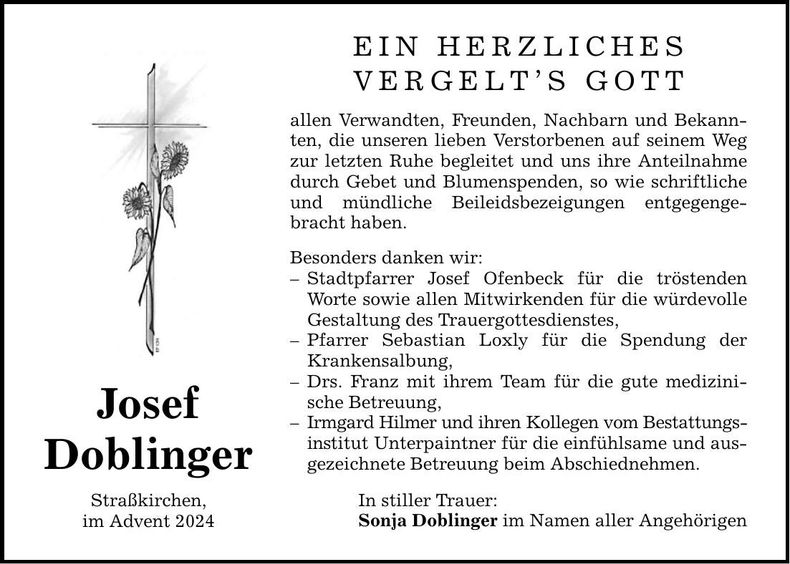 Traueranzeige Josef Doblinger