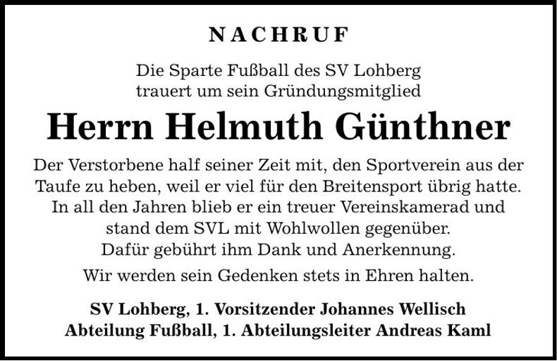 Traueranzeige Helmuth Günthner