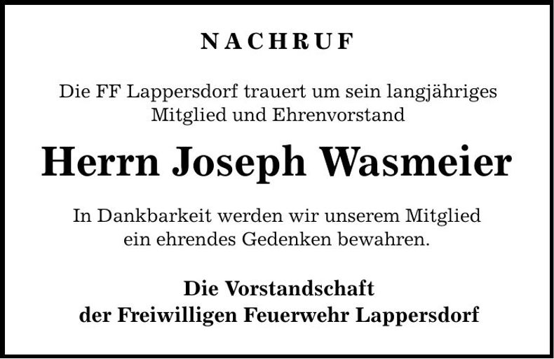 Traueranzeige Joseph Wasmeier