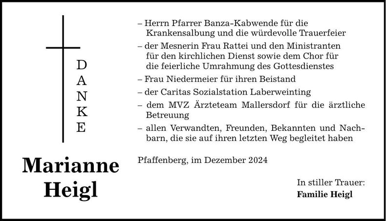 Traueranzeige Marianne Heigl