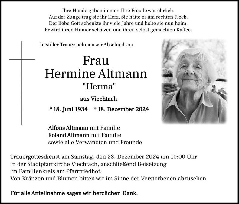 Traueranzeige Hermine Altmann