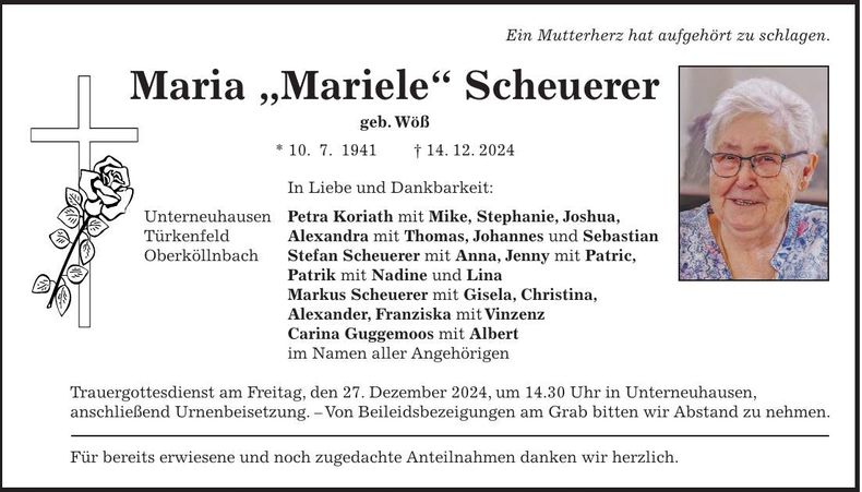 Traueranzeige Maria Scheuerer