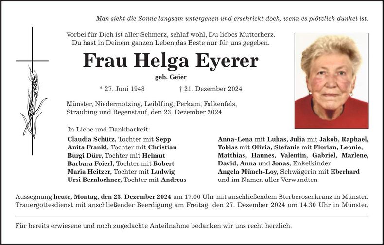 Traueranzeige Helga Eyerer