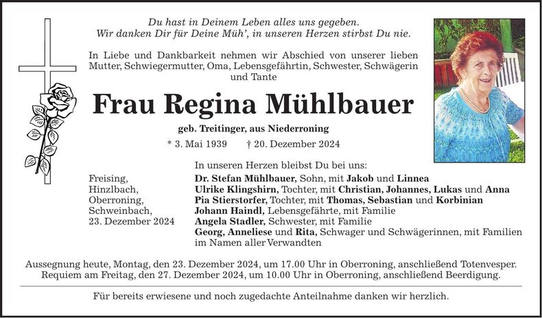 Traueranzeige Regina Mühlbauer