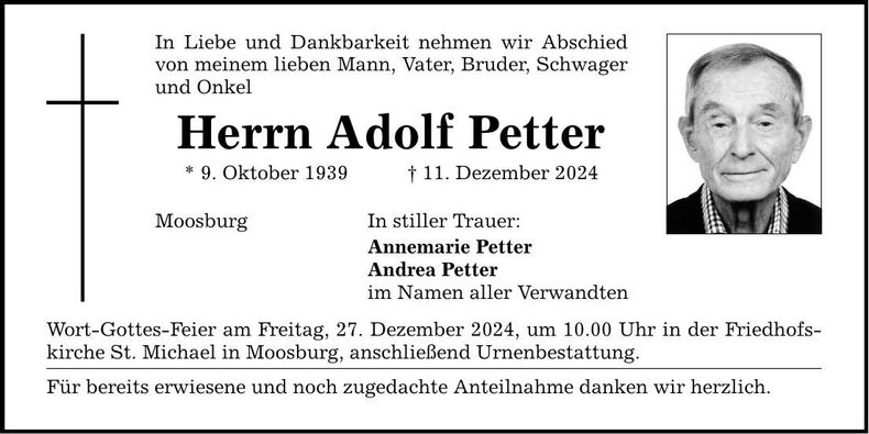 Traueranzeige Adolf Petter