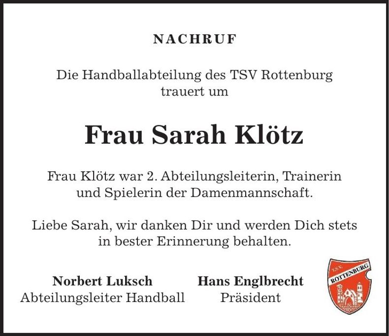 Traueranzeige Sarah Klötz