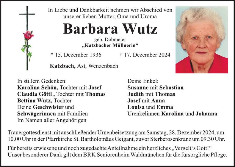 Traueranzeige Barbara Wutz