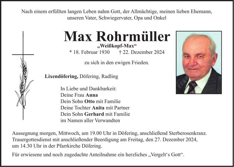 Traueranzeige Max Rohrmüller