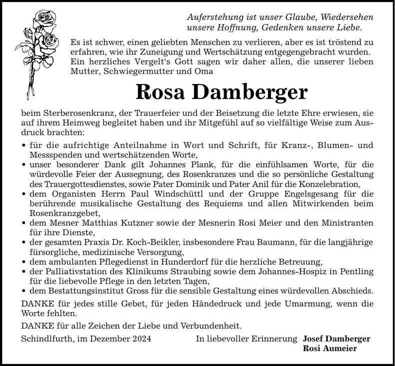 Traueranzeige Rosa Damberger