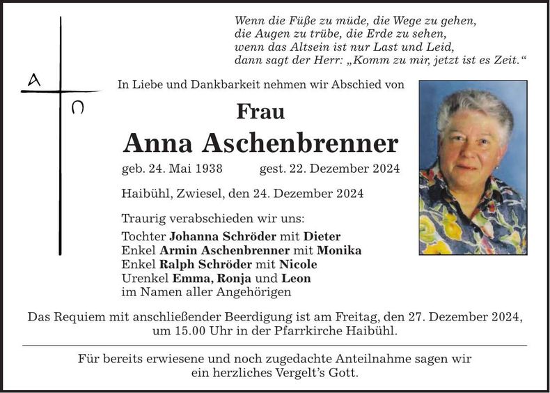 Traueranzeige Anna Aschenbrenner