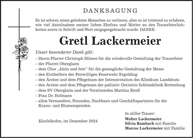 Traueranzeige Gretl Lackermeier