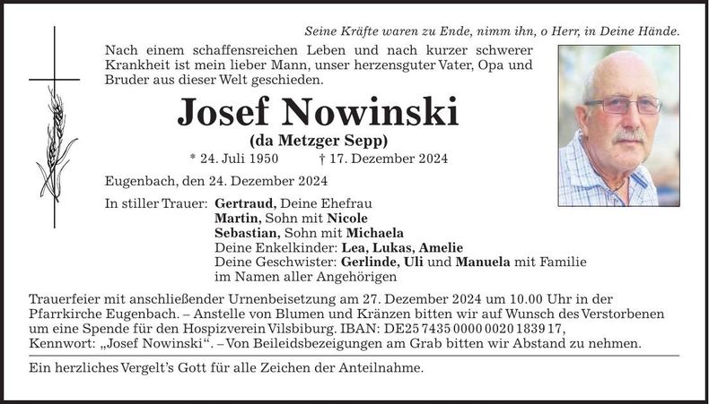 Traueranzeige Josef Nowinski