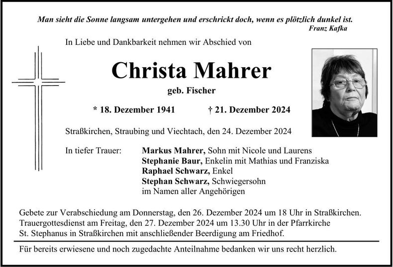 Traueranzeige Christa Mahrer