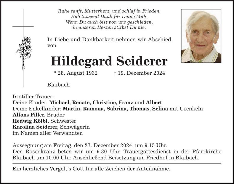 Traueranzeige Hildegard Seiderer