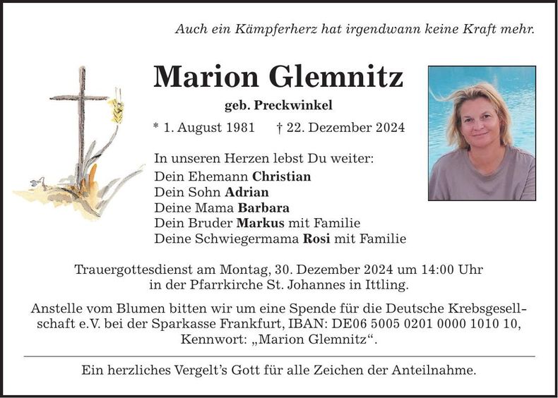 Traueranzeige Marion Glemnitz